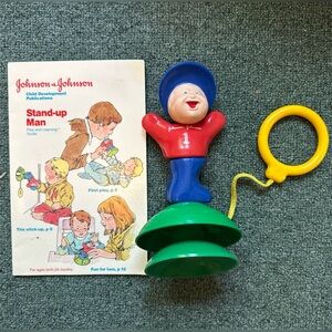 Vtg 1977 Johnson & Johnson Stand Up Man Pull Cord Baby Toy W/ Suction Cup & Book
